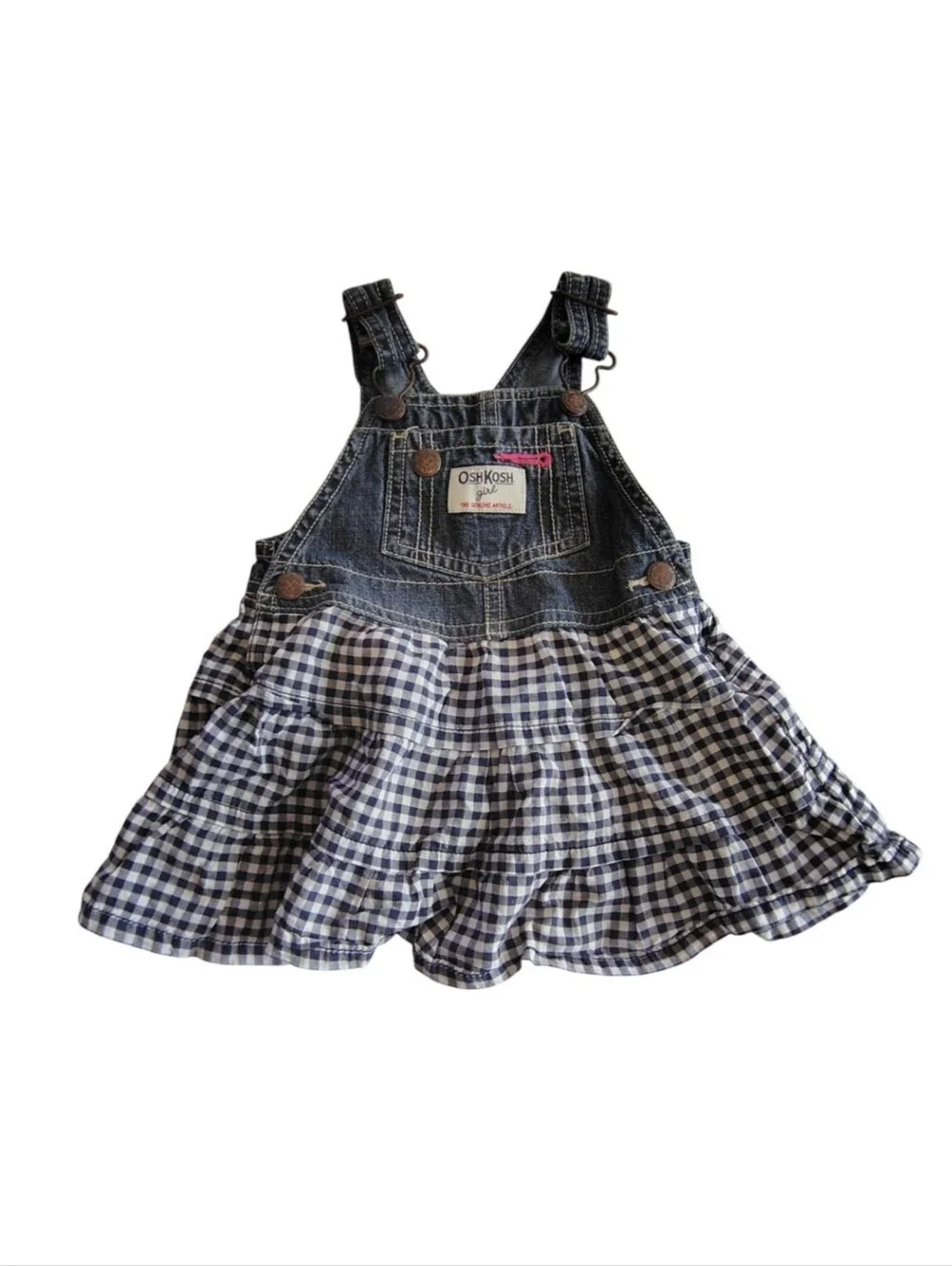 Vintage Oshkosh Girls Original Article Check Denim Ruffled Overall Dress 9 Month